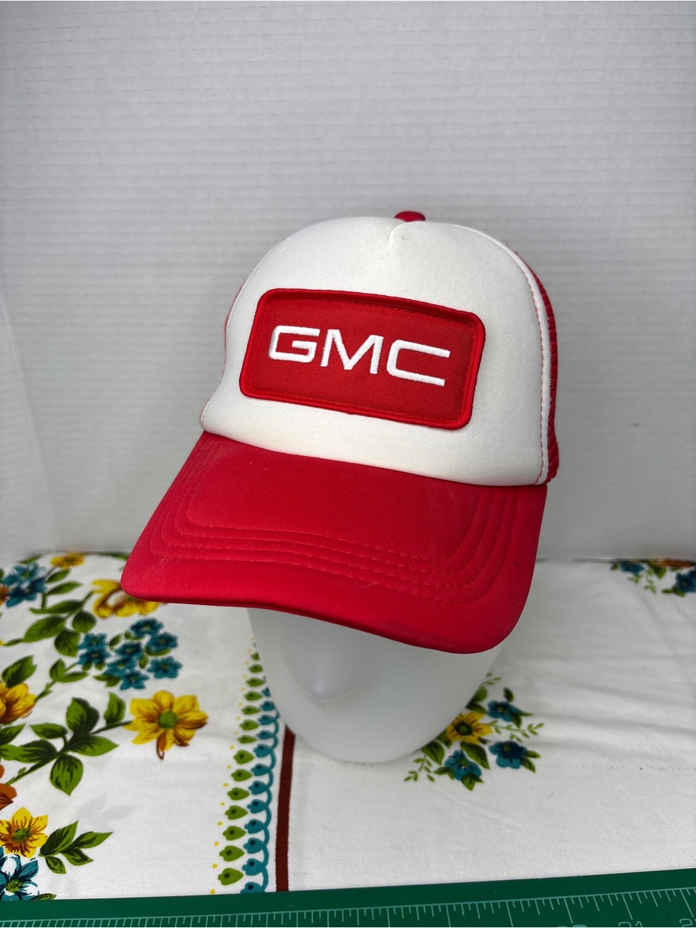 GMC Red & White Trucker Hat with Embroidered Patch Mesh Sides